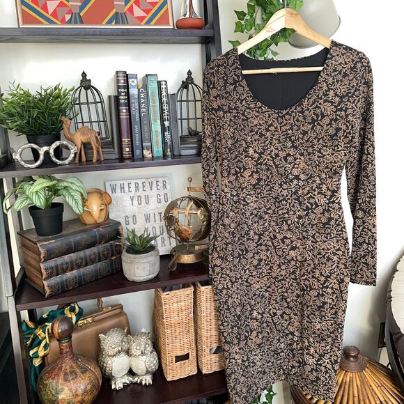 PERUVIAN CONNECTION Damask Print Long Sleeve Scoop Neck Dress Tan Black {F6} - Picture 1 of 5